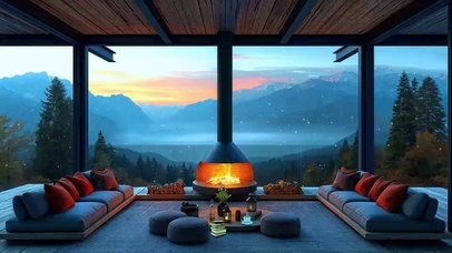 温暖的露台冬季氛围和轻柔的雪