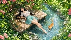 溪边少女与橘猫