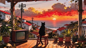 露台上看风景的黑猫（黄昏版）