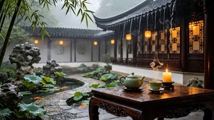 庭院雨景