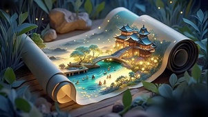 立体卷山水楼阁