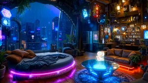 未来科幻雨夜房间