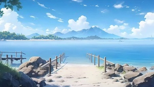 蓝天白云海景树木