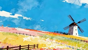 油画白云树木风景带鱼屏