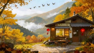 秋天山间小屋
