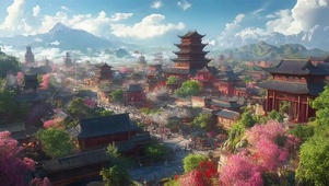 远眺古风小镇蓝天风景