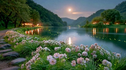 月夜河畔花海星空治愈美景