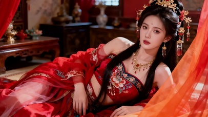 古宅侧躺红纱衣古装美女