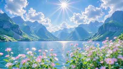 阳光洒落的山谷湖泊