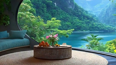 护眼蓝天白云树木河流带鱼屏