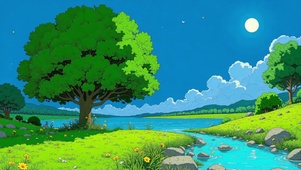 吉卜力风河边月色