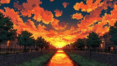 梦幻晚霞城镇河岸