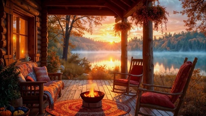 秋天清晨湖边木屋