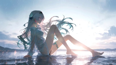 二次元少女-绿发-雨中湖畔日落