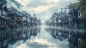 水乡朦胧清晨两岸建筑