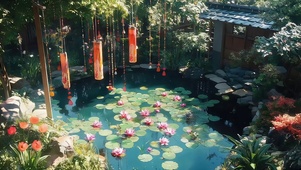 荷花池塘夏日风铃美景