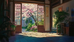 静谧傍晚粉樱院落落日