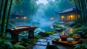 庭院竹林雨景