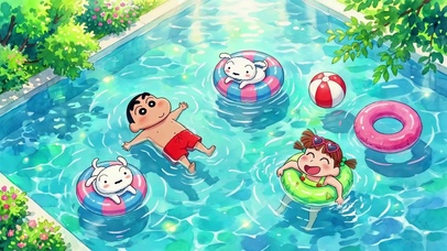 夏天泳池里的小新和妮妮