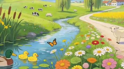 白云树木河流动物景色带鱼屏