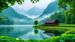 绿色护眼山水小屋