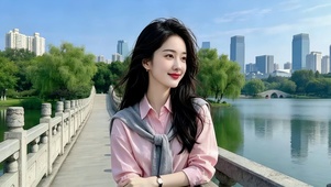 公园石桥处赏景的甜美笑容美女