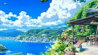 白云树木海景带鱼屏