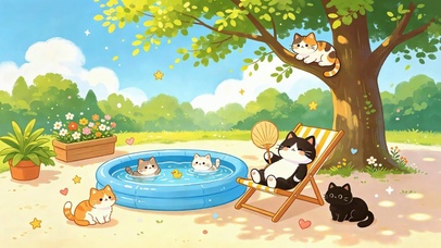 夏日庭院猫咪休闲时光