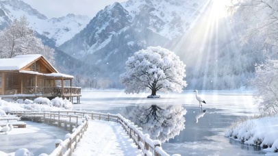 雪景树木河流双屏