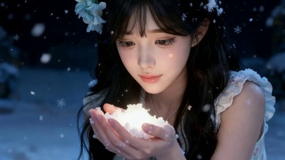 手捧雪花的美少女