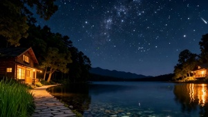 夜景树木河流双屏