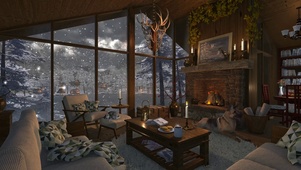 雪天湖边别墅小屋