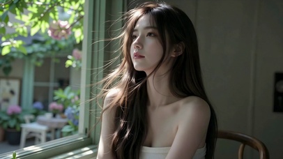 窗边氛围感清纯长发美女