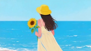 海边的向日葵少女插画