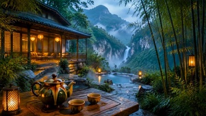 国风山水竹林木屋品茶