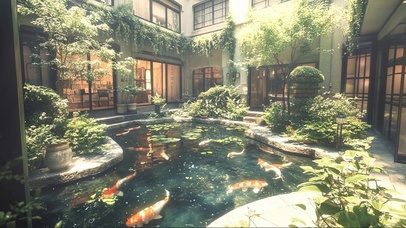 绿色夏日庭院锦鲤池塘