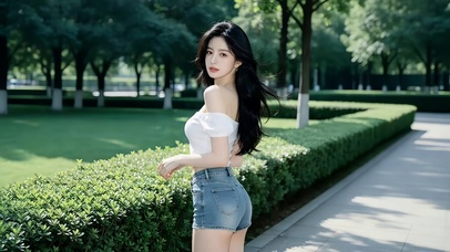 公园小径绿化带牛仔裤美女