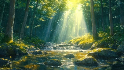清新阳光森林溪流
