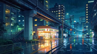 城市雨夜街边便利店
