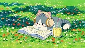 戴着耳机的花海学霸猫