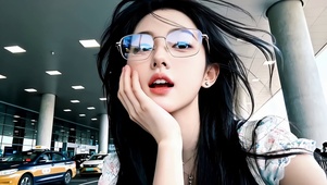 接机口等待闲玩的戴眼镜美女