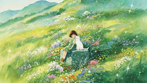 春天草原女孩和猫咪