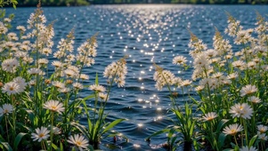 波光粼粼湖畔雏菊风景