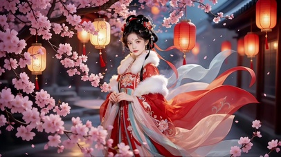 傍晚鲜花树旁衣袂飘飘的古风美女