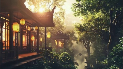 黄昏落日静谧树林古建