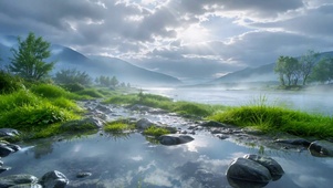 清新静谧河畔远山风光