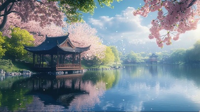 春日朦胧湖畔古亭