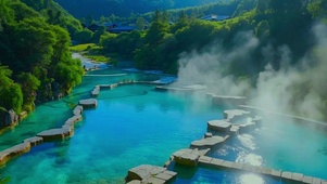 4K夏日绿色护眼温泉雾气缥缈