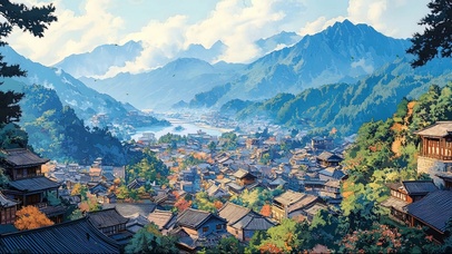 俯瞰山林古镇建筑