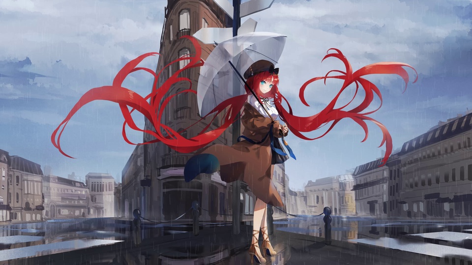 细雨老城路口，红发少女撑白伞回望，湿路面倒映欧式老建筑，亮红长发随风舒展。